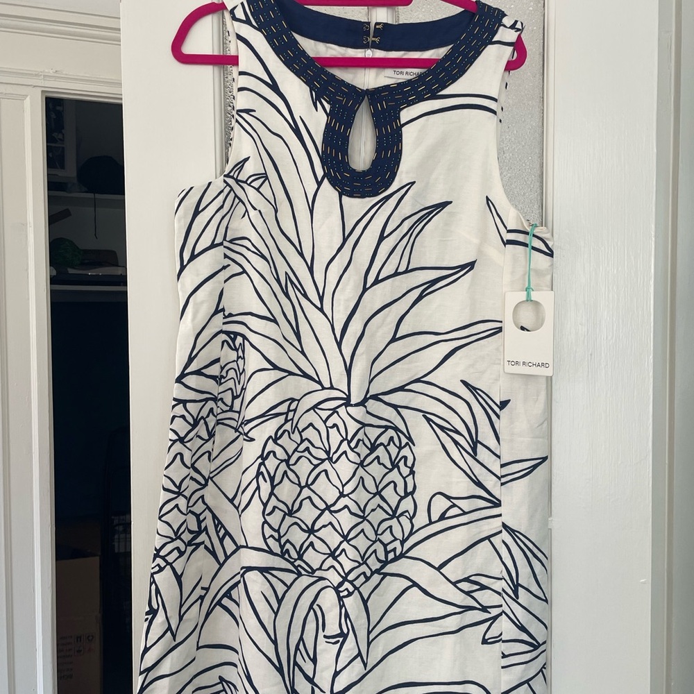 Tori Richard Cream and Navy Pineapple Paloma Dress Size 14